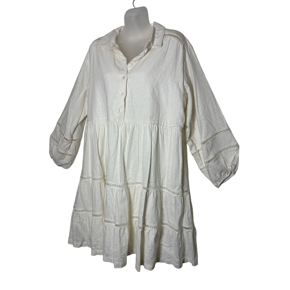 TAYLOR Off White Linen Blend Tiered Babydoll Mini Dress Ladder Lace Cream Sz 14 - Picture 15 of 15